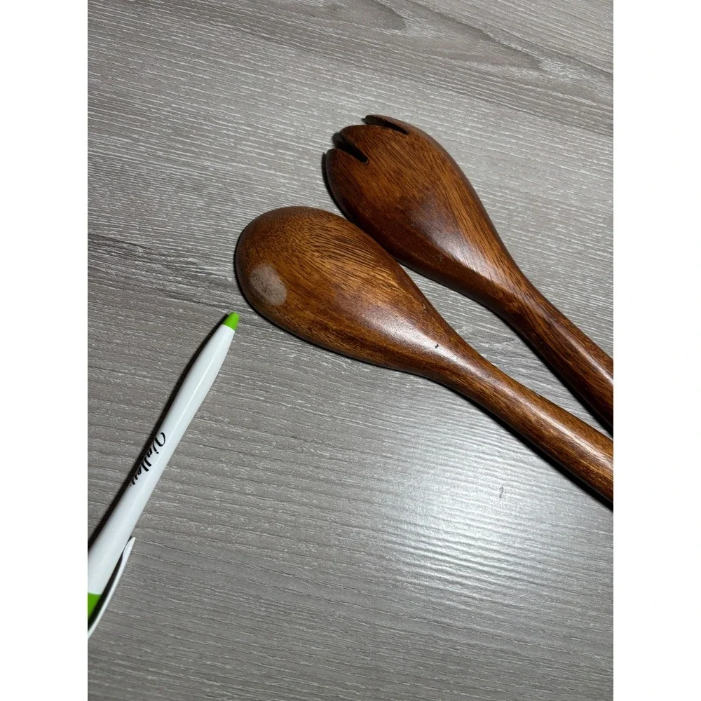 Vintage Handcrafted Wood Salad Server Set Large Spoon and Fork Tapered Handles